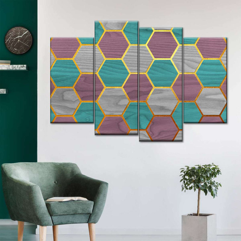 Motif hexagonal abstrait géométrique sur toile, 4 pièces, H 14 po x l 24 po x P 1 po