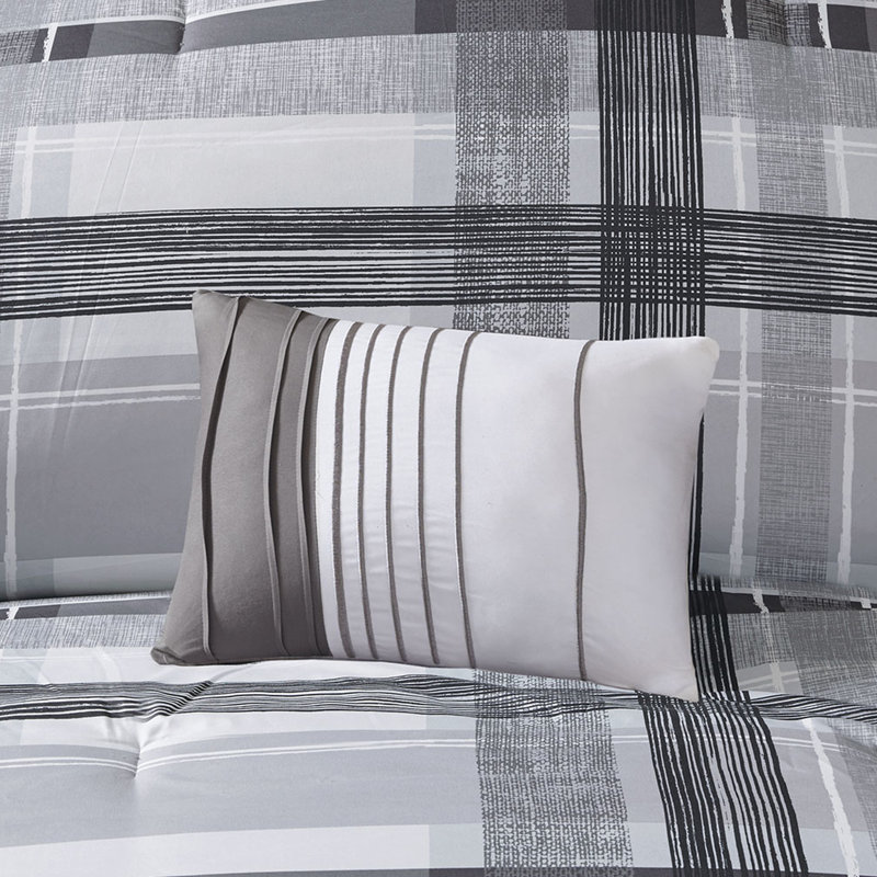 Édredon double / grand écossais - literie de chambre élégante en noir et gris, 2 taies décoratives, couvre-lit lavable avec machine
