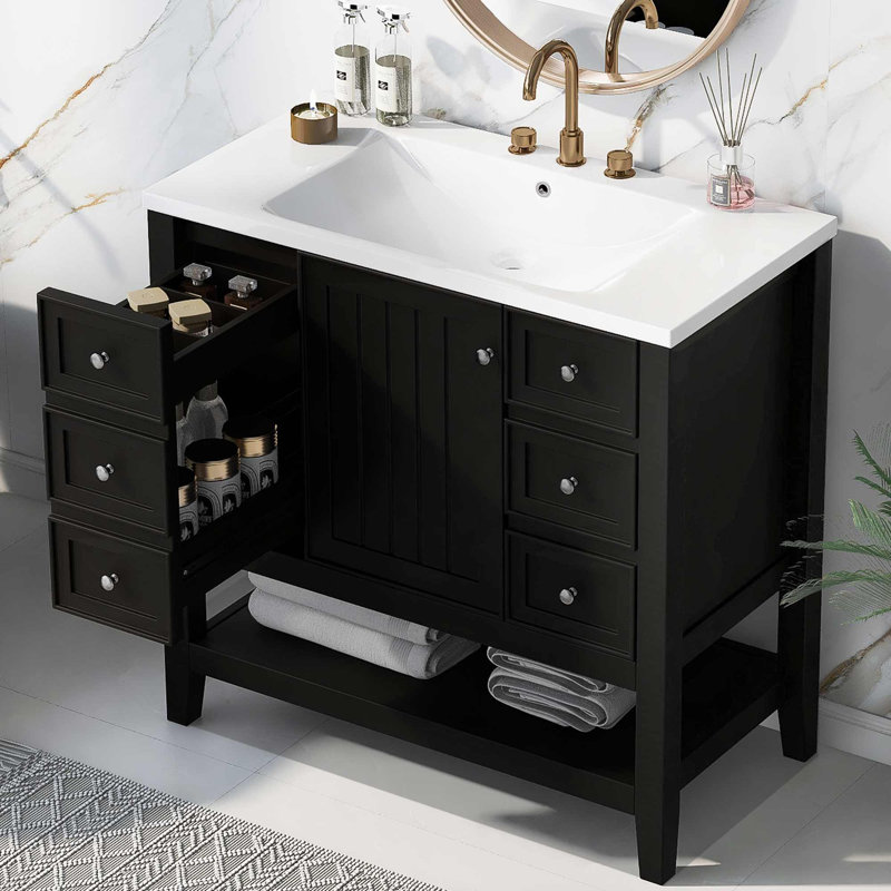 Meuble-lavabo simple 36 po avec plateau Leiding, Noir, noir, noir, noir