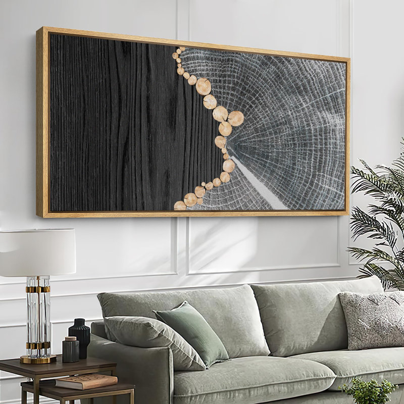 Gray Tree Rings and Wood Grain Effect Modern Pictures Oversized Framed Wall Art Canvas Print, 30" H x 60" W, Natural