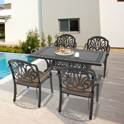 59.06" L 35.43" W Rectangular Table Cast Aluminum Outdoor Dining Set with Brown Cushions