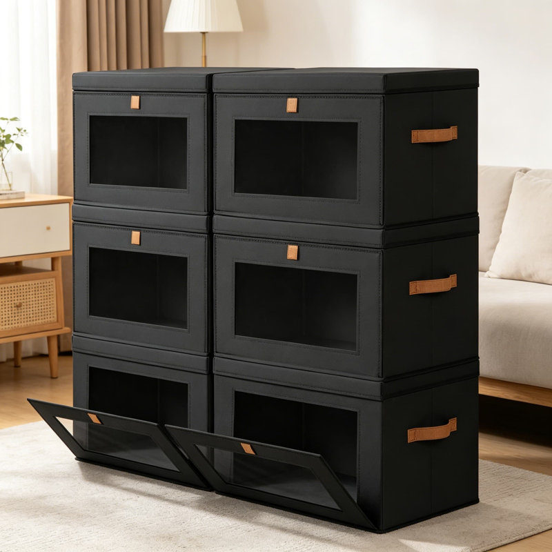 Collapsible Storage Bins with Front Opening & Clear Window - Large Stackable Fabric Organizer Boxes with Handles for Closet, Living Room, and Dorm Organization