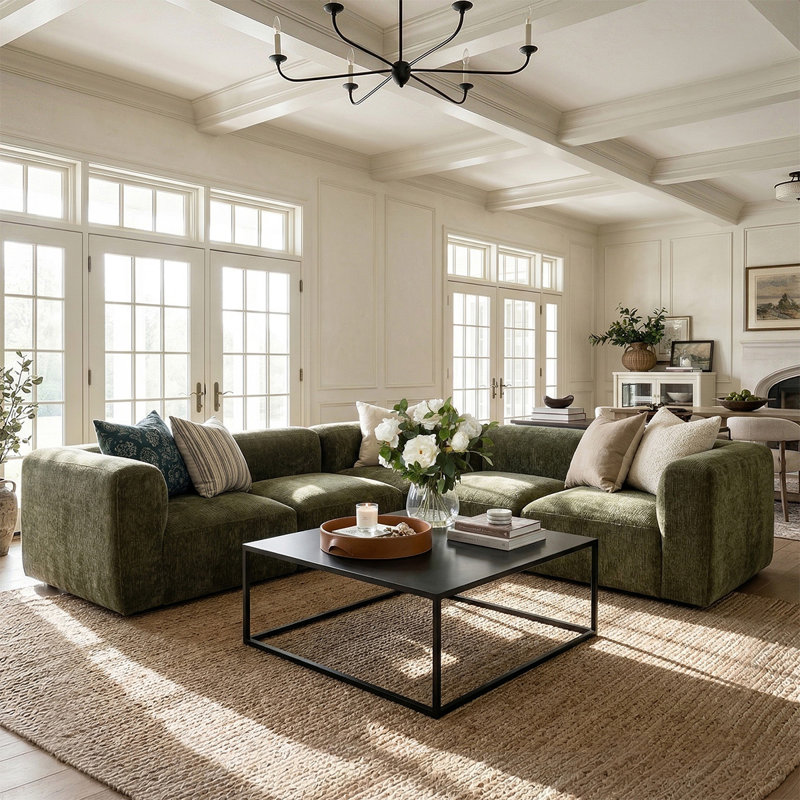 Confesor Chenille Modern L-Shaped Sectional Sofa, Green Chenille