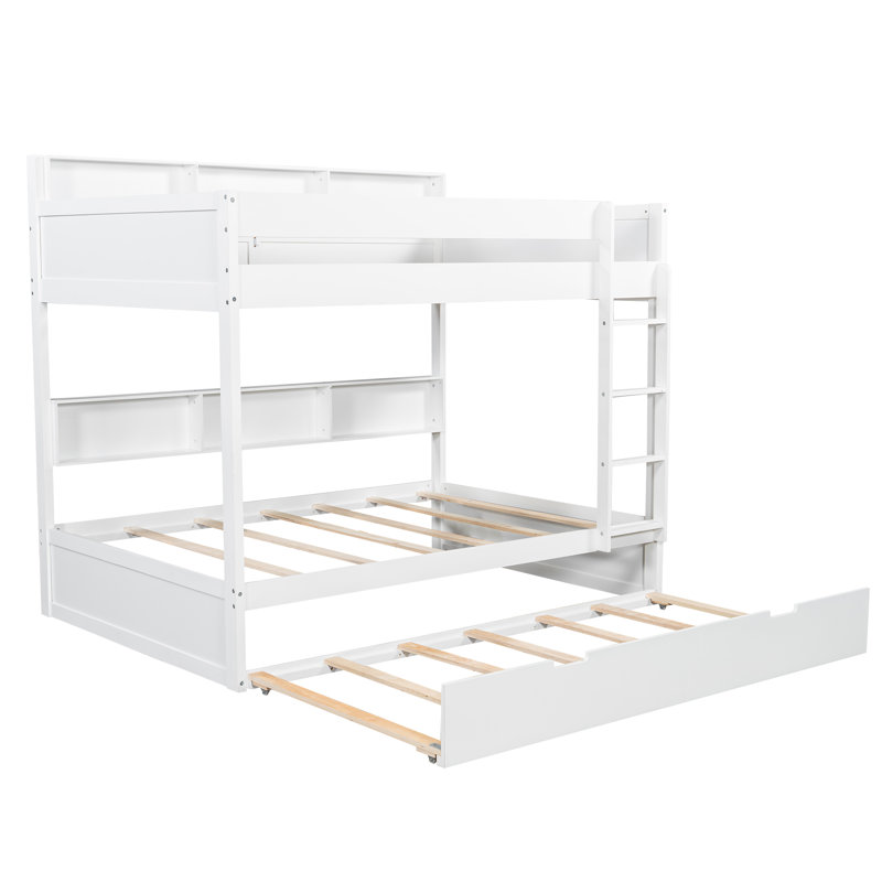 Lit superposé simple au-dessus de simple avec lit gigogne escamotable - Lit en bois peu encombrant avec tablettes intégrées, blanc