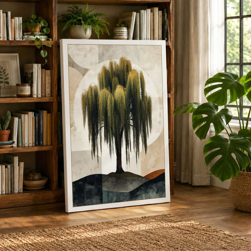 Weeping Willow Japandi - Wrapped Canvas, 24x16 - 61.0 x 40.6 cm, Teal Border