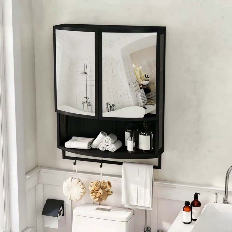 Garde-robe arquée 23,62 "à double porte avec miroir incassable - rangement double couche, Noir