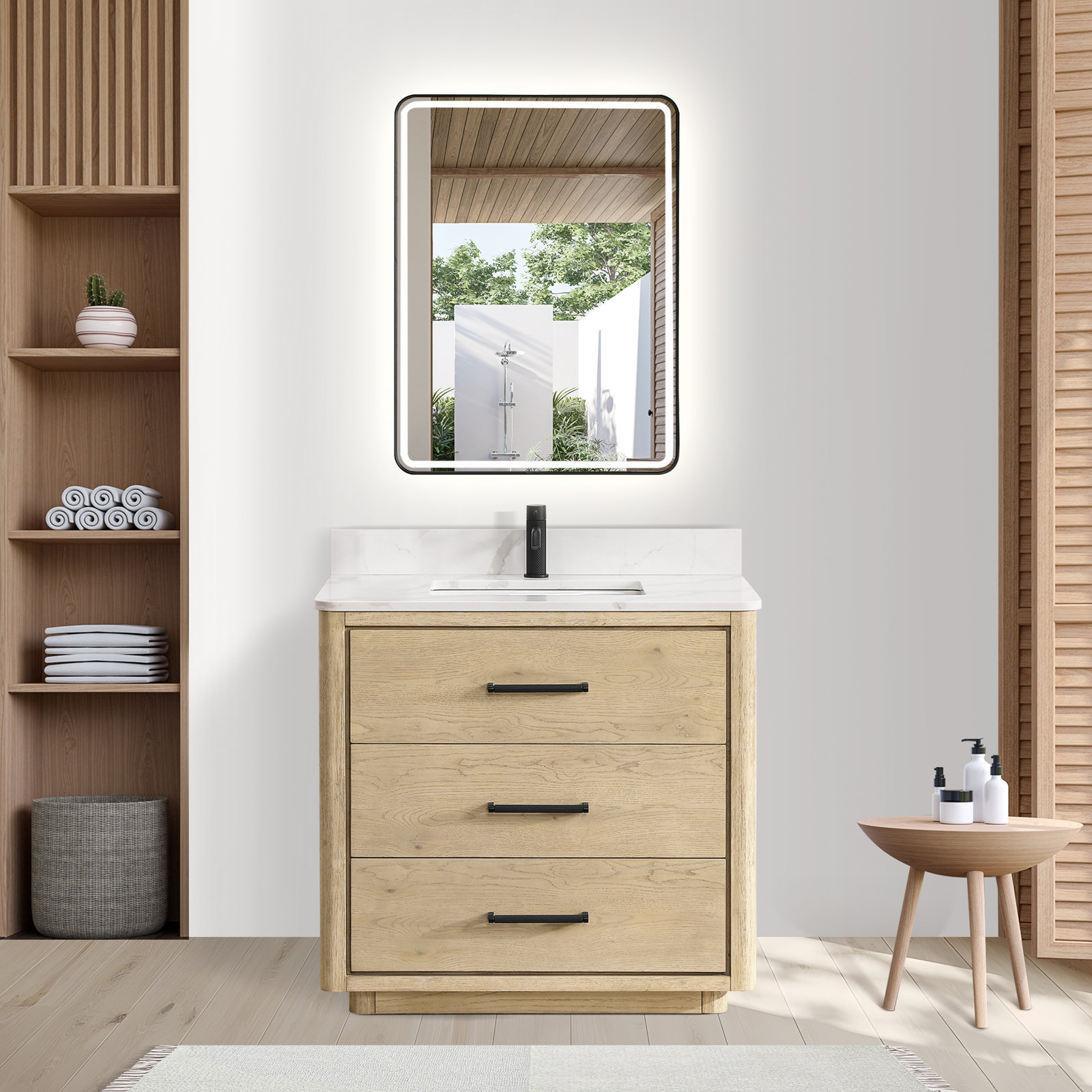 Porto 36'' Single Bathroom Vanity, Natural, Matte Black
