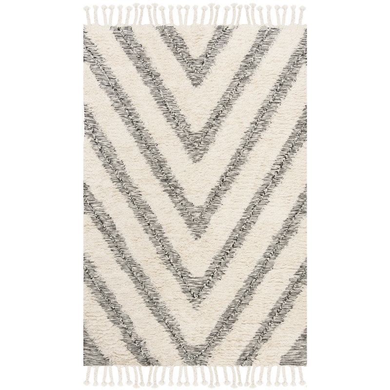 Alimatou Hand Knotted Wool/Cotton Geometric Rug in Black/Beige, Rectangle 4' x 6'