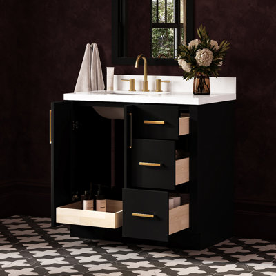 Meuble-lavabo rectangulaire simple décalé à gauche de 37 pouces avec comptoir en quartz blanc pur de 1,5 pouce d'épaisseur et finition noire.
