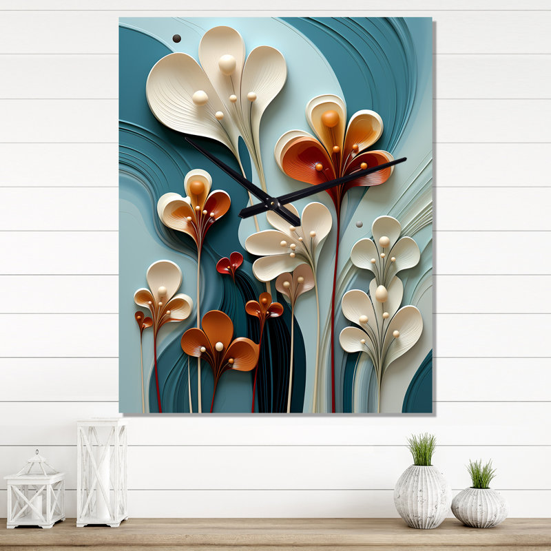 Contemporary White Flower On Teal II - Abstract Botanicals Très grandes horloges murales, H 40 po x l 30 po x P 1 po