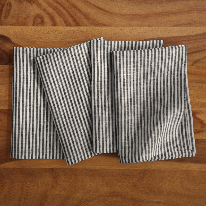 Narrow Stripe - 100% Pure Linen Dinner Napkins, Black/White