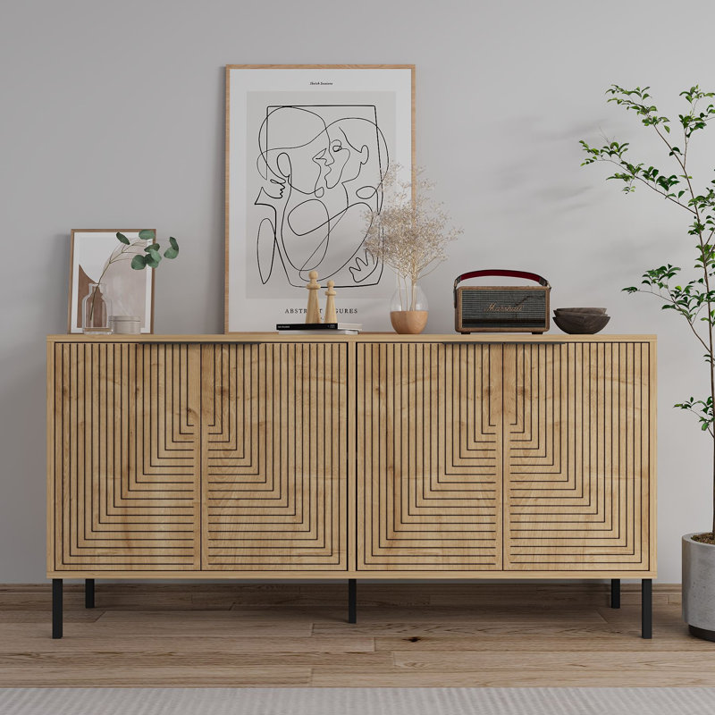 Console moderne avec plusieurs tablettes, chêne saphir, 59,1 po x 29,5 po x 14,2 po | 100% panneau de particules enduit de mélamine, épaisseur: 0,7 pouce | Pieds en métal robustes, fixation murale, design scandinave pour une décoration intérieure élégante