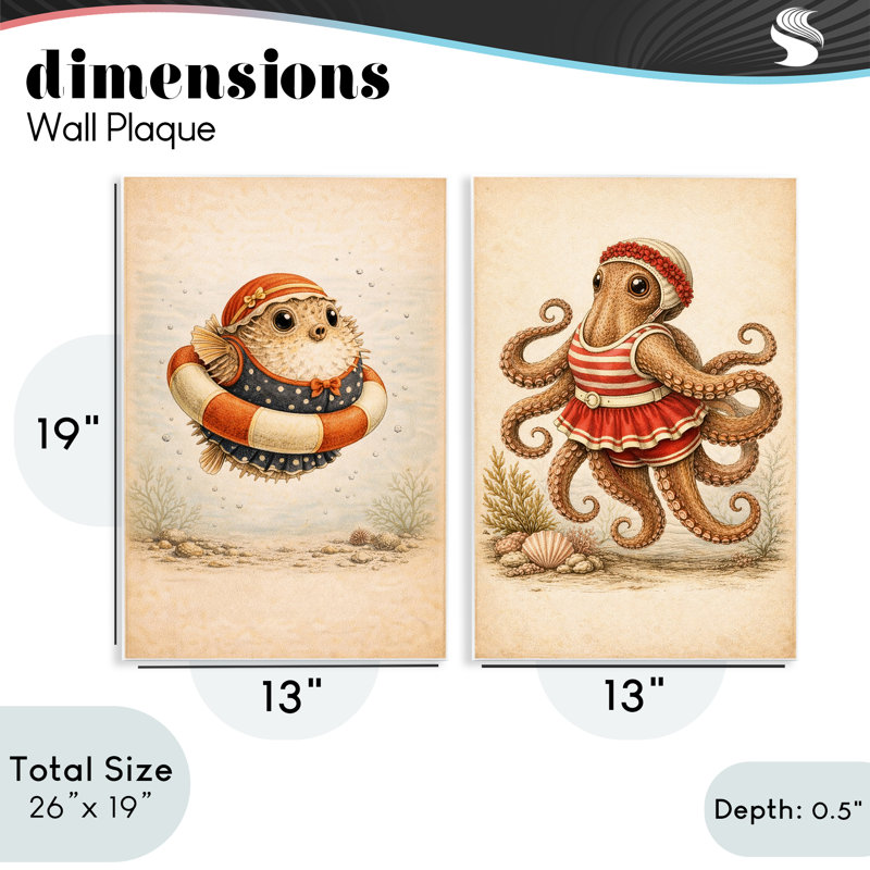 Ensemble de 2 plaques murales rétro, "Bathing Creatures", par Grotto Studios, 19 cm x 13 cm