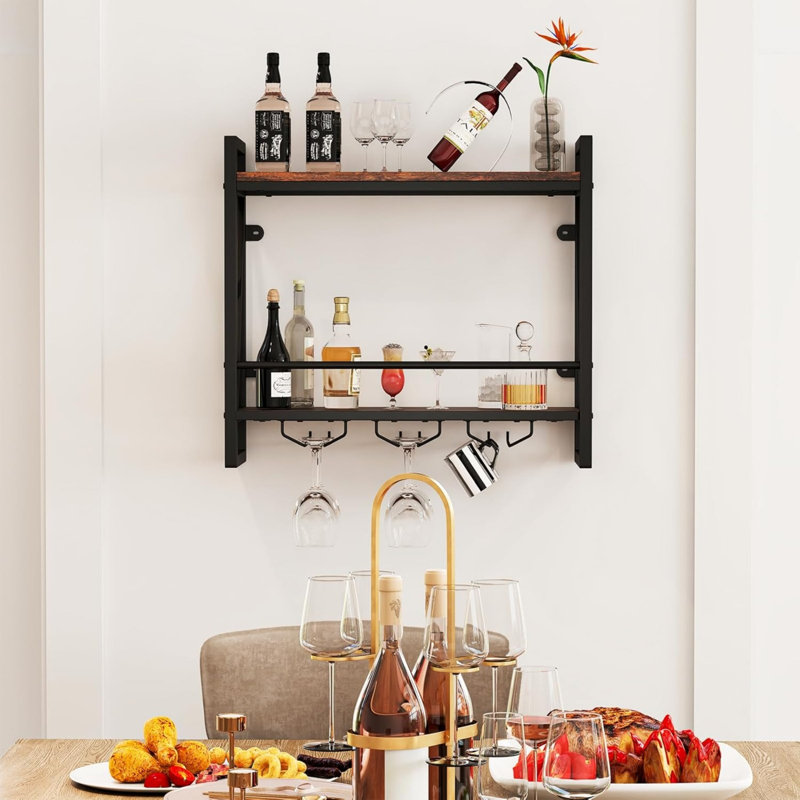 Wall Mount Metal Wine Storage Rack, Kitchen Bar Display, Brown