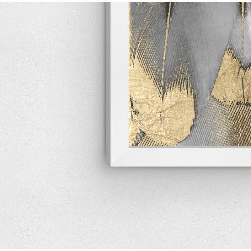 Impression d’art graphique « Fashion and Glam Royal Gold Feathers », H 11,5 po x l 16,5 po, Cadre blanc