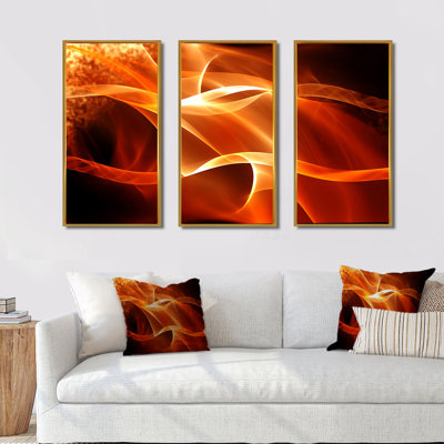 Orange 3D abstrait fractal vagues - ensemble abstrait d'art mural sur toile encadrée de 3