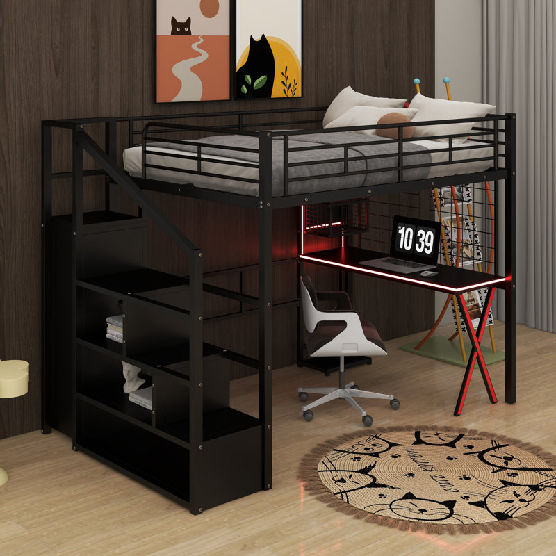 Lit mezzanine double en métal avec poste de travail intégré, garde-robe et DEL