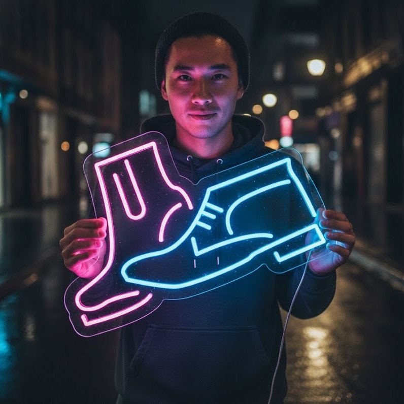  | Enseigne au néon de chaussures | Fabriqué avec un tube néon flexible et durable qui émet une lueur uniforme et brillante pendant plus de 50 000 heures sans décoloration ni scintillement | 19 x 24 | Mauve et cyan