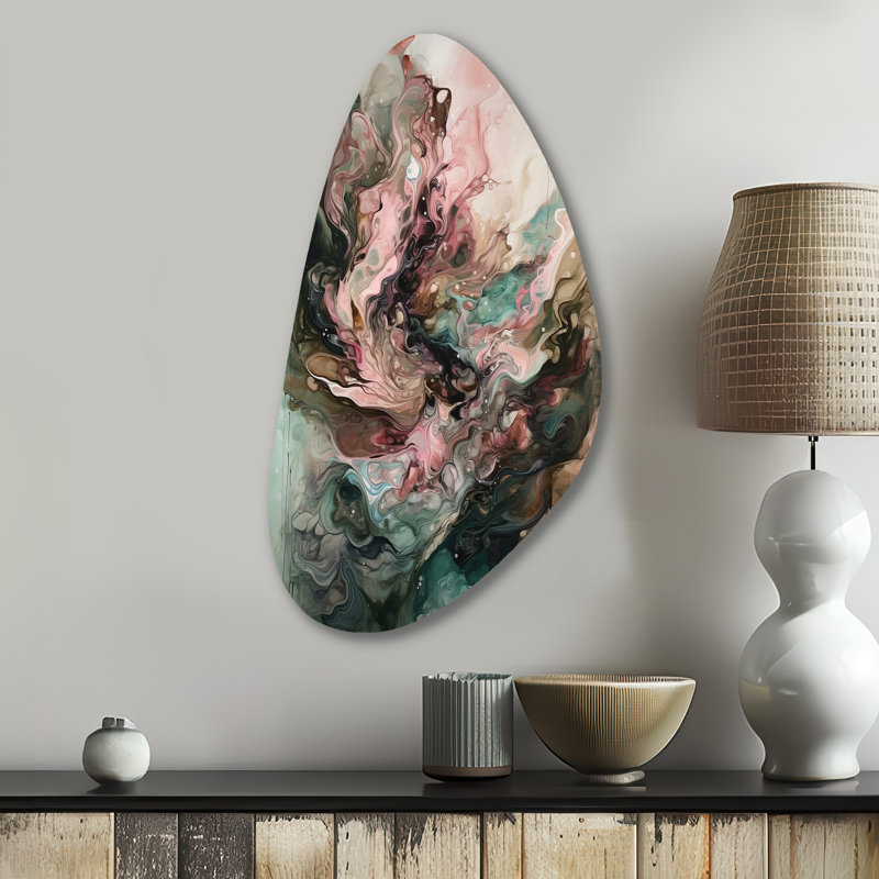 Pink Green Inner Worlds Of Marble III - Abstract Geometric Fall Shape Assymterical Metal Wall Art, 31" H x 17" W x 1" D