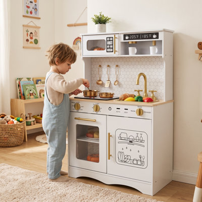 Wooden Kids Play Kitchen Set with Lights & Sounds, Pretend Play Kitchen with Accessories for Toddlers Ages 3-8