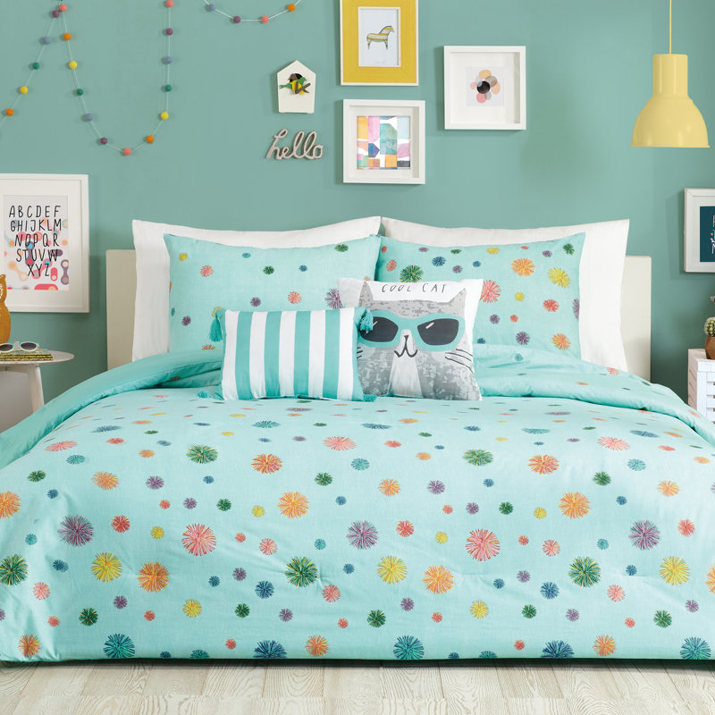 Raining Pom Poms Turquoise Comforter Set with 2 Decorative Pillows, Queen