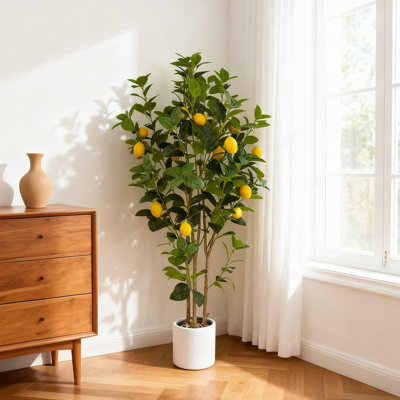5ft Tall Artificial Lemon Tree in White Pot, Fake Lemon Plastic & Silk Plant for Indoor Home Office