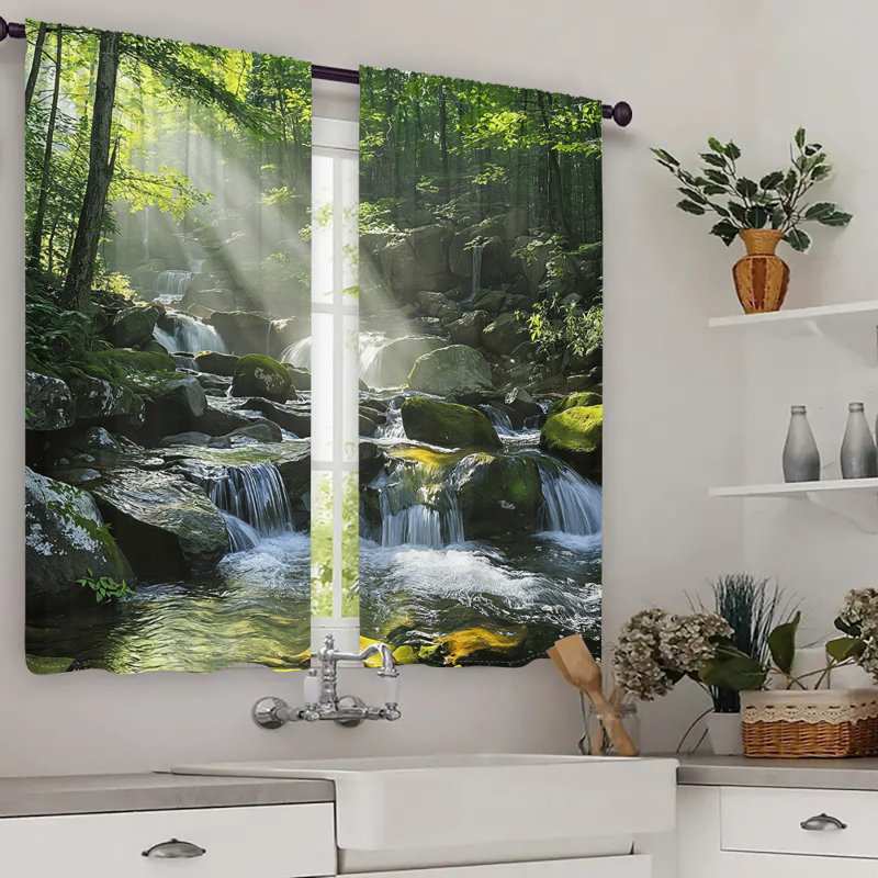 2Pcs Waterfall Forest Stream Nature Landscape Print Curtains Sunshine Ray Green Trees Water Scenery Window Drapes Rod Pocket Living Room Bedroom Kitchen Home Decor