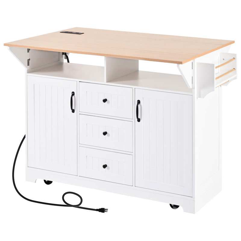 Grand îlot de cuisine avec 2 rallonges pliables, mouvement à 5 roulettes, bloc d'alimentation, table de salle à manger pliante, 3 tiroirs, abattant blanc de 55,7 po, station de charge, serviette de rangement et support à épices,