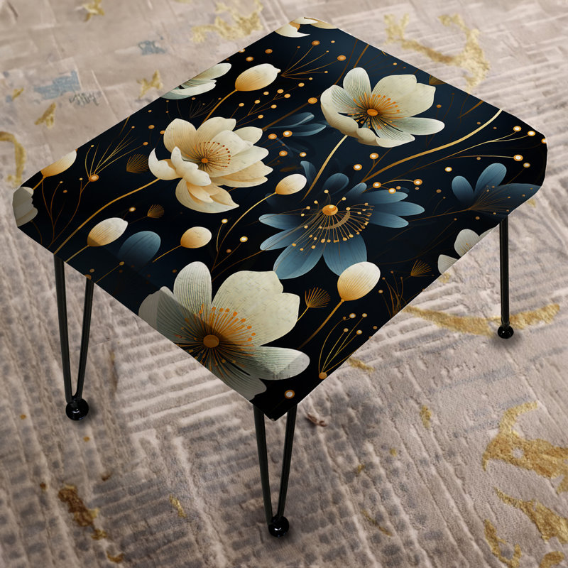 Ivory & Blue Boho Chic Floral Pattern - Floral Rectangle Ottoman