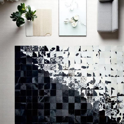 Handmade Black White Cowhide Patchwork Rug - Checkered Calfskin Leather Area Rug for Home Office