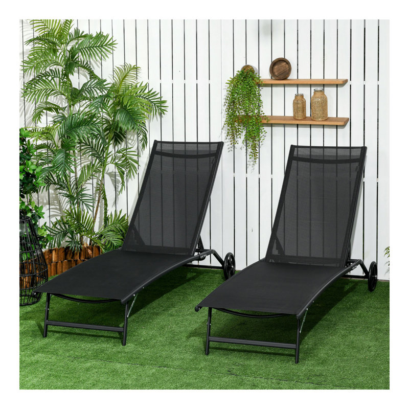 Chaise Lounge Outdoor, 2 Piece Lounge Chair With Wheels, Tanning Chair With 5 Adjustable Positions For Patio, Beach, Yard, Pool