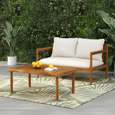 Cain Outdoor 2-Piece Acacia Wood Conversation Set With Rope Back & Cushions