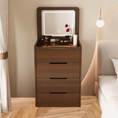 3 In 1 Walnut Vanity With Mirror And Efficient Storage System Desk Flip Top Organized Drawer
