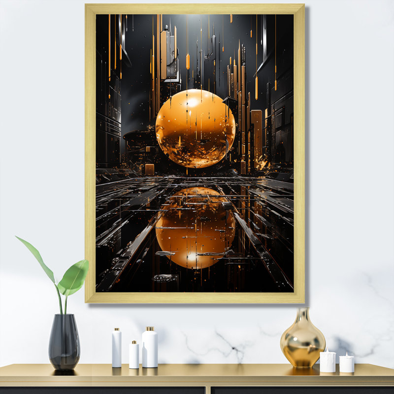 «Black and Gold Spiral Graffiti II - Abstract Collages», art mural, H 32 po x l 16 po, Encadrement doré