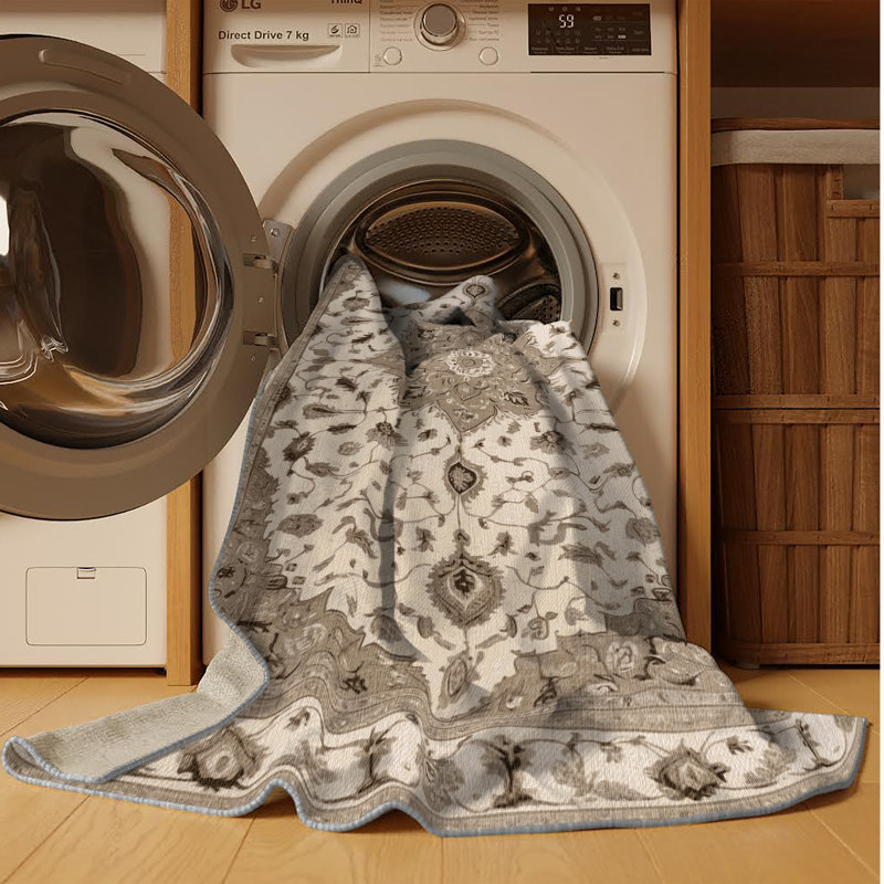 Machine Washable Tabriz Gray Area Rug, Square 3'