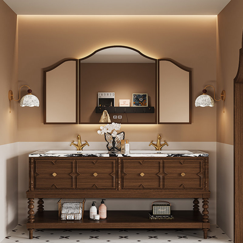 Armoire de salle de bain de style américain sur pied, Brun, H 33,46 po x l 59,06 po x P 21,65 po