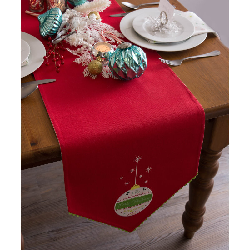 Scarlett 100% Cotton Christmas Table Runner, 72" L x 14" W, Merry Christmas Ornament