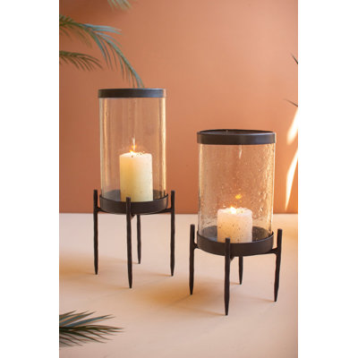  Iron and Glass Hurricane Candle Holders Set of 2 – 17" Tall Modern Decor