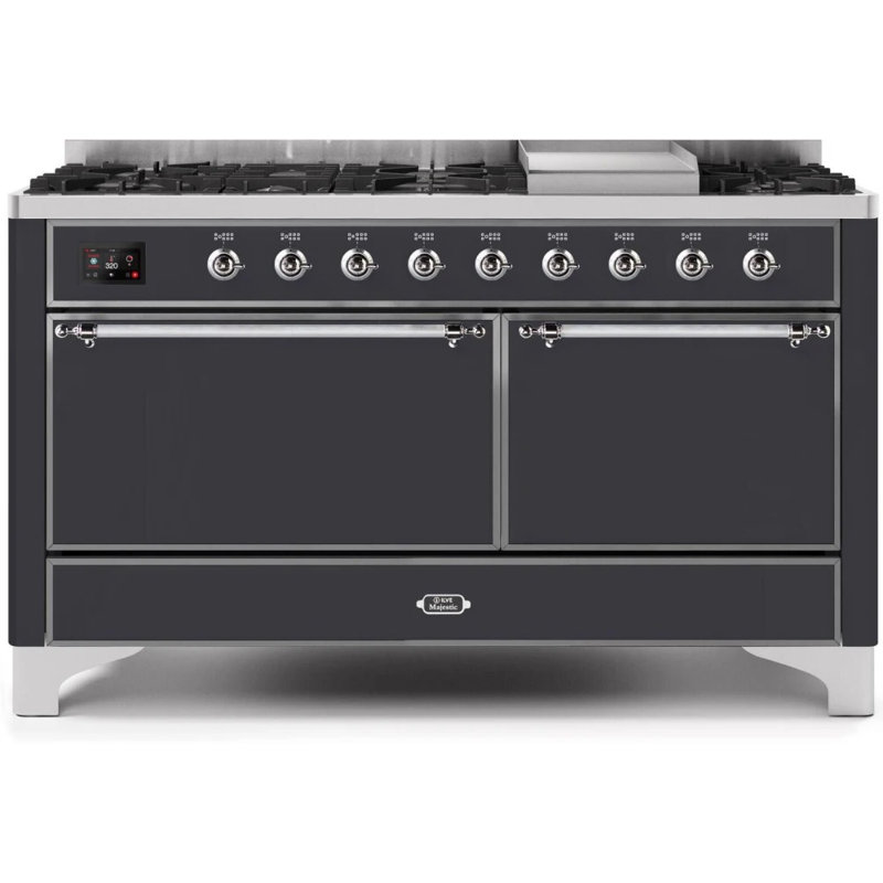 ILVE UM15FDQNS3BKCLP Majestic II 60 inch Dual Fuel Range with 9 Burners, Griddle (Liquid Propane, Solid Door, Glossy Black, Chrome)