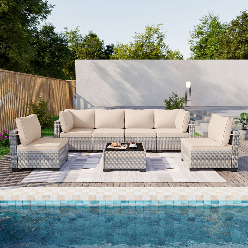 7-Piece Patio Furniture Set, Outdoor Patio Furniture with Thick Cushions, Modular Patio Sofa, Dual-Strand Wicker Rattan, Rust-Resistant Frame, Backyard Furniture for Garden, Deck