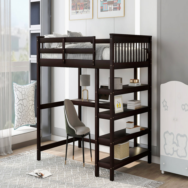 Lit mezzanine double avec tablettes de rangement et bureau sous le lit, Espresso