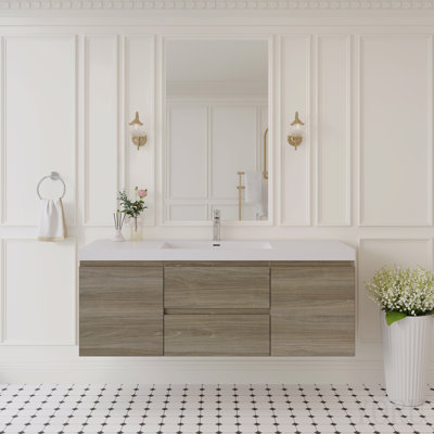 Meuble-lavabo suspendu avec lavabo, meuble de rangement mural moderne avec lavabo en surface solide et tiroirs à fermeture douce, entièrement assemblé, gris cendré