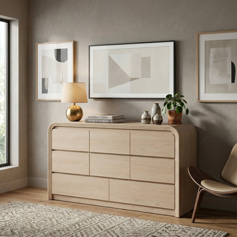 Curved Edge 47.24" Wide Natural MDF 8-Drawer Dresser with Storage, Natural