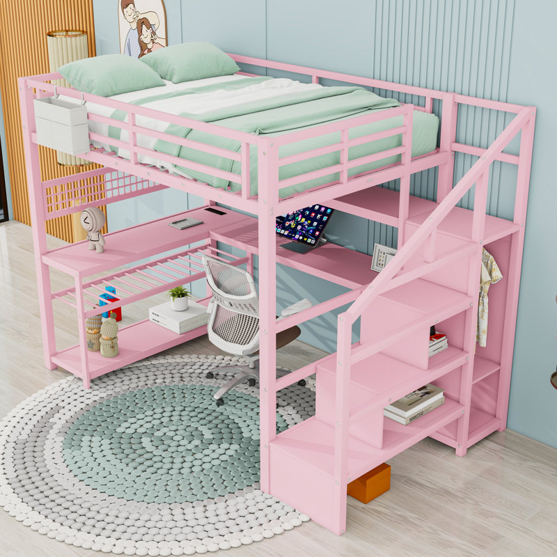 Full Metal Loft Bed With Light Strips, L-Shaped Desk, USB Ports And Storage Stairs, Pink
