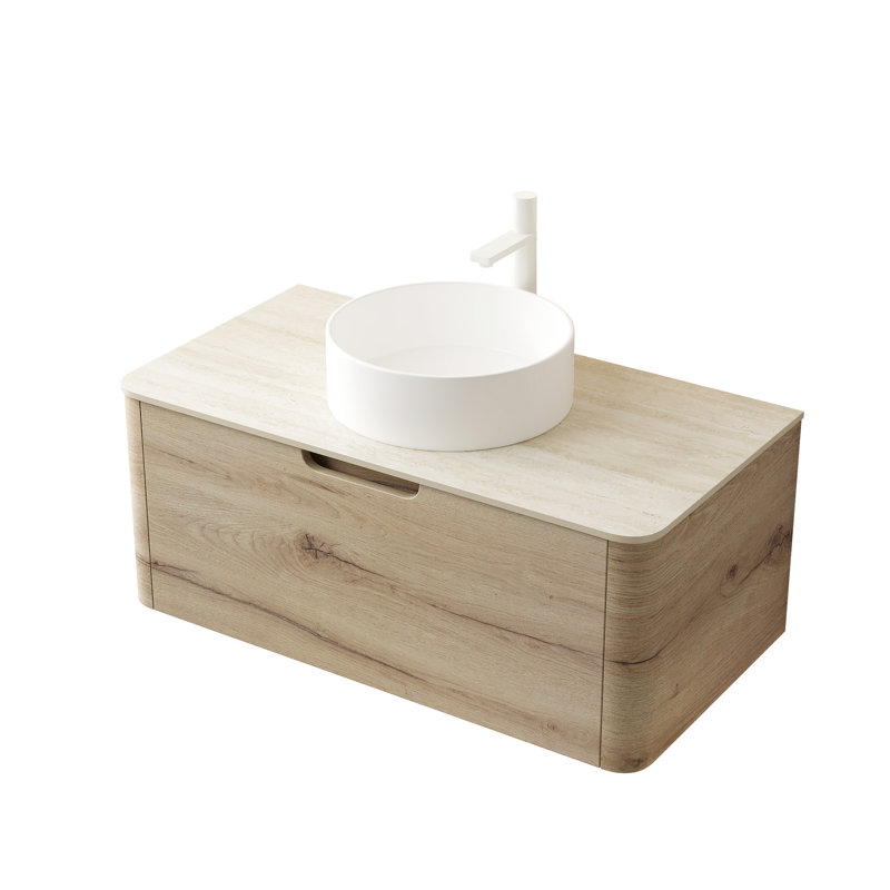 Meuble de salle de bain 7070 en chêne blanc avec comptoir en pierre frittée de 91,4 cm (36 po), un tiroir, sans lavabo, robinetterie ni cache-lavabo, beige, contreplaqué multicouche, profondeur 90,5 cm (35,65 po), hauteur du meuble à comptoir en pierre frittée de 37,4 cm (14,72 po), largeur 49 cm (19,31 po)
