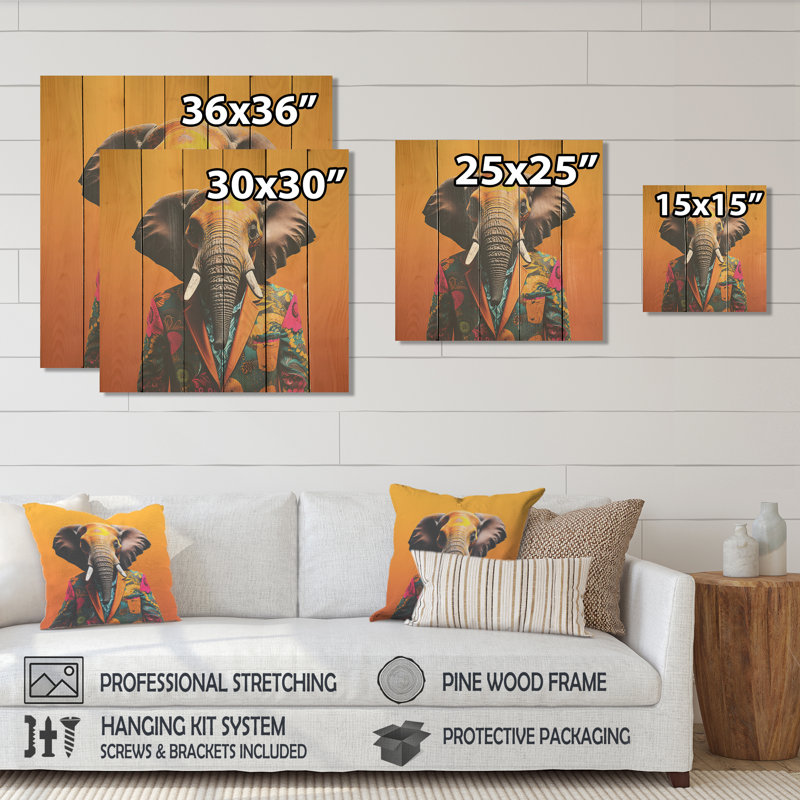 Éléphant habillé en jaune et rose - Éléphant sur bois, H 25 po x l 25 po