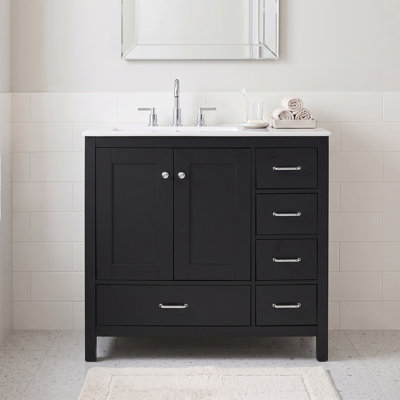 Meuble-lavabo moderne autoportant de 91 cm (36 po) avec lavabo simple en céramique intégrée, grand espace de rangement, 2 portes à fermeture douce et 5 tiroirs.