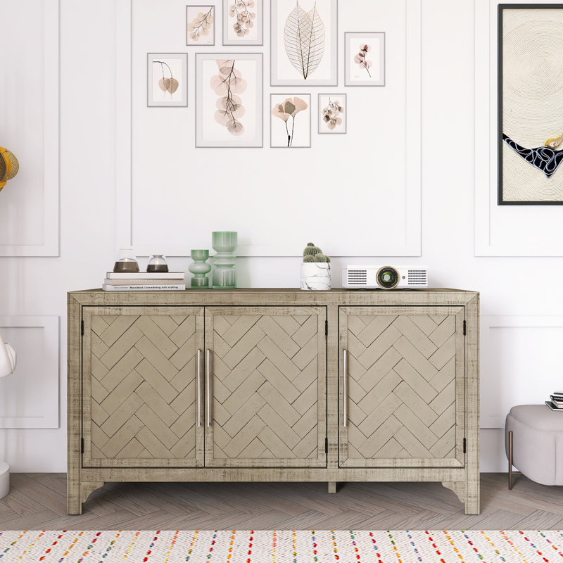 Buffet de rangement conçu avec panneau de fibres à densité moyenne et placage de pin, tablettes réglables, Gris