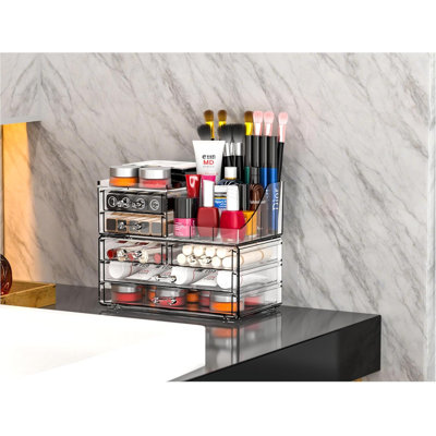 Organisateur de maquillage pour meuble-lavabo avec 6 tiroirs, 2 boîtes de rangement transparentes, rangement pour accessoires de bureau et rangement pour salle de bain