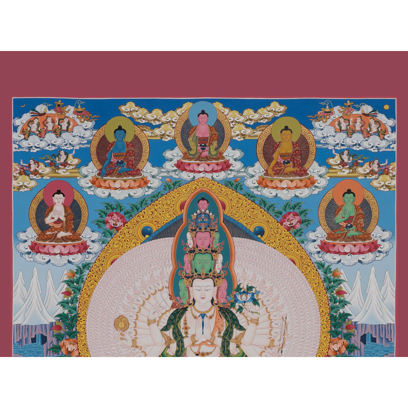 Amoghpasha Lokeshvara Thangka, art mural - Bodhisattva bouddhiste tibétain peint à la main, toile sans brocart en or 24 kt, décor de méditation pour la divinité